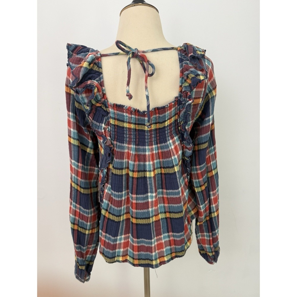 We the FREE PEOPLE New Siena Plaid Pullover TOP Small Babydoll Teal Country $118 - Picture 8 of 16